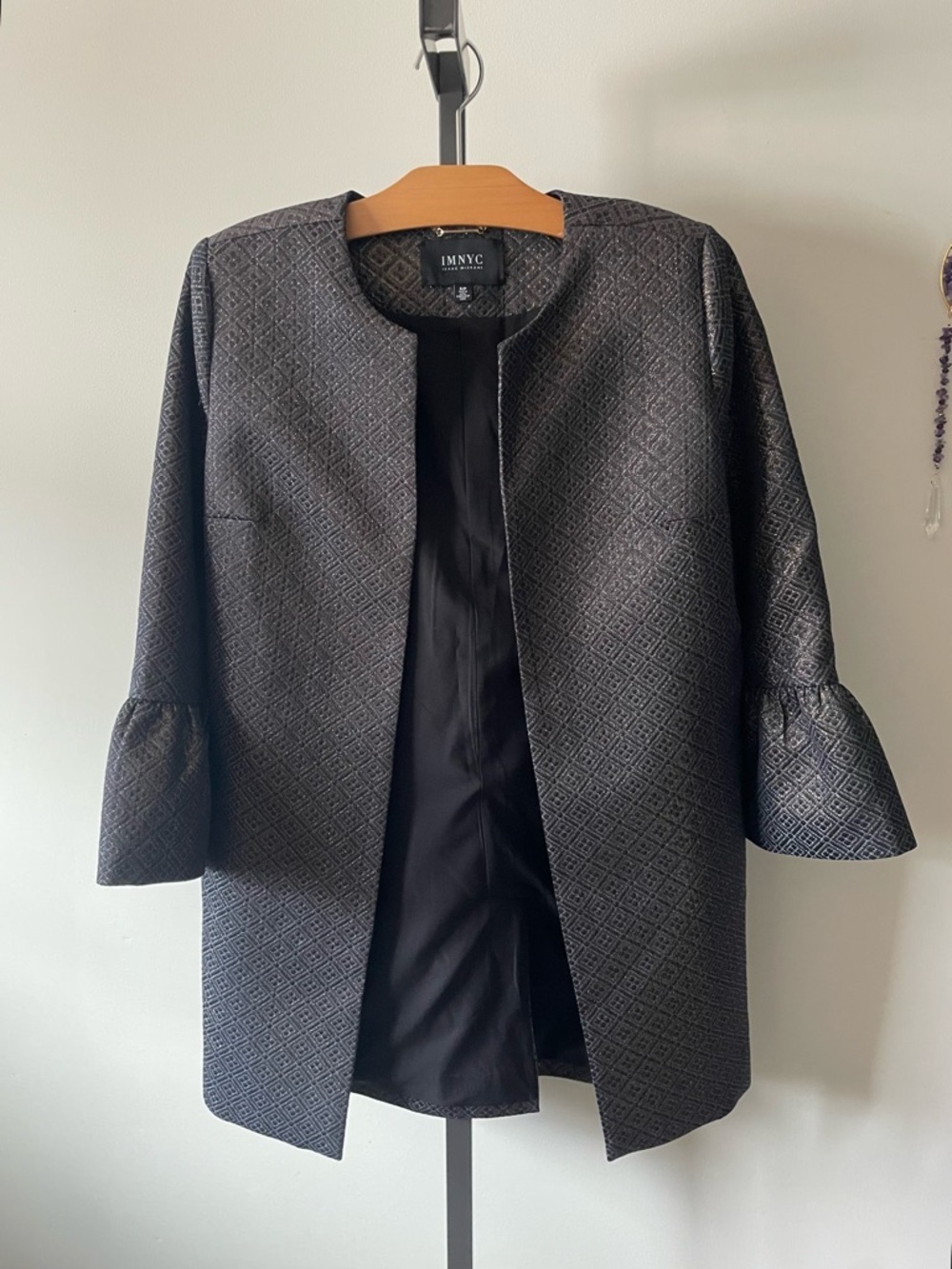 IMNYC Isaac Mizrahi Open Front Car Coat Metallic Jacquard Bell Flare Sleeves
